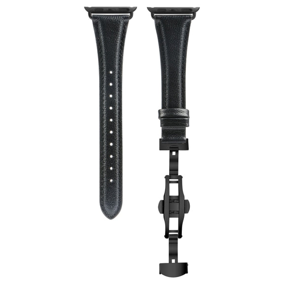 For Apple Watch Series 9 41mm Plain Leather Butterfly Buckle Watch Band(Black+Black)