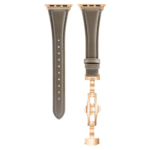 For Apple Watch Series 9 41mm Plain Leather Butterfly Buckle Watch Band(Gray+Rose Gold)