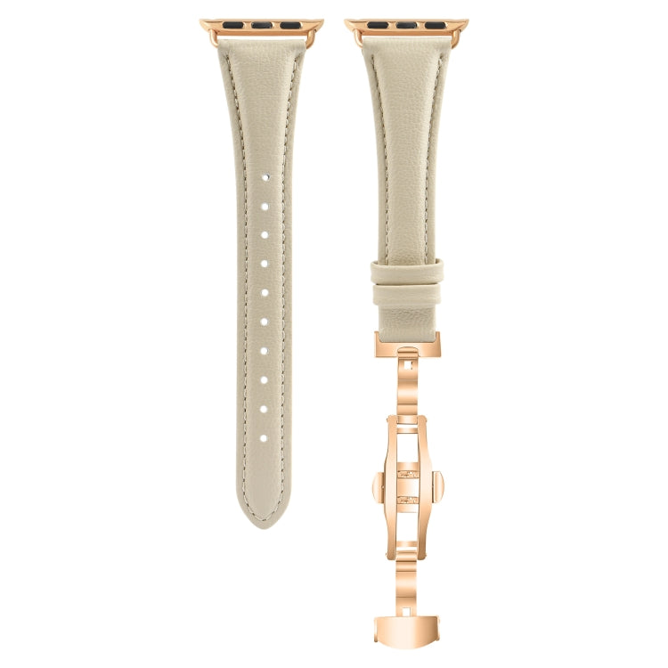 For Apple Watch Series 9 41mm Plain Leather Butterfly Buckle Watch Band(Beige+Rose Gold)