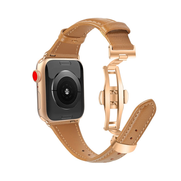 For Apple Watch Series 9 41mm Plain Leather Butterfly Buckle Watch Band(Brown+Rose Gold)