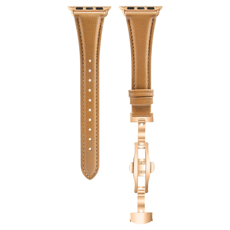 For Apple Watch Series 9 41mm Plain Leather Butterfly Buckle Watch Band(Brown+Rose Gold)