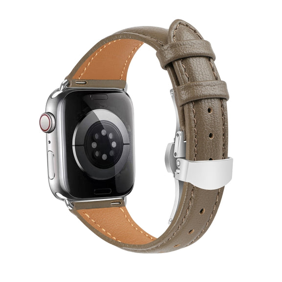 For Apple Watch Series 8 41mm Plain Leather Butterfly Buckle Watch Band(Gray+Silver)