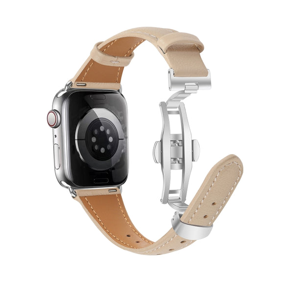 For Apple Watch Series 8 41mm Plain Leather Butterfly Buckle Watch Band(Apricot+Silver)