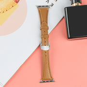 For Apple Watch Series 8 41mm Plain Leather Butterfly Buckle Watch Band(Brown+Silver)