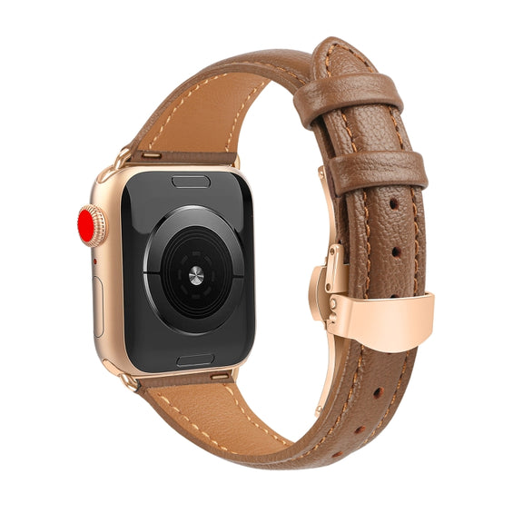 For Apple Watch Series 8 41mm Plain Leather Butterfly Buckle Watch Band(Dark Brown+Rose Gold)