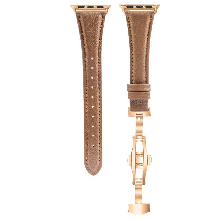For Apple Watch Series 8 41mm Plain Leather Butterfly Buckle Watch Band(Dark Brown+Rose Gold)