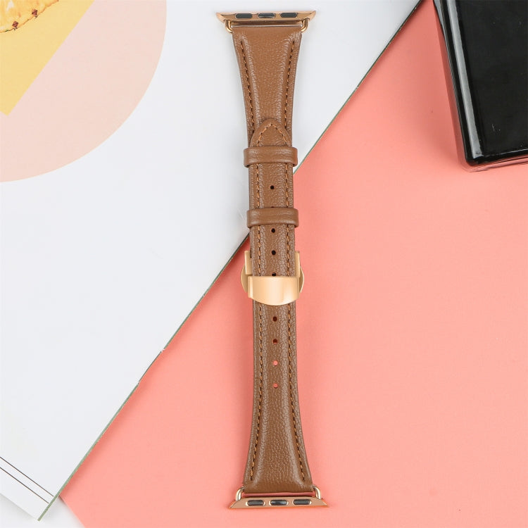 For Apple Watch Series 8 41mm Plain Leather Butterfly Buckle Watch Band(Dark Brown+Rose Gold)