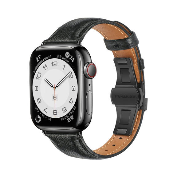 For Apple Watch Series 8 45mm Plain Leather Butterfly Buckle Watch Band(Black+Black)