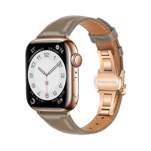 For Apple Watch Series 8 45mm Plain Leather Butterfly Buckle Watch Band(Gray+Rose Gold)