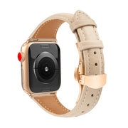 For Apple Watch SE 2022 44mm Plain Leather Butterfly Buckle Watch Band(Apricot+Rose Gold)