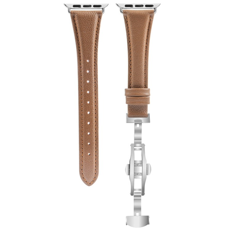 For Apple Watch Series 7 41mm Plain Leather Butterfly Buckle Watch Band(Dark Brown+Silver)
