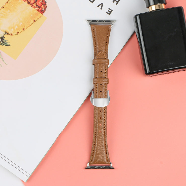For Apple Watch Series 7 41mm Plain Leather Butterfly Buckle Watch Band(Dark Brown+Silver)
