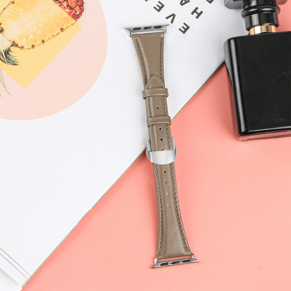 For Apple Watch Series 7 41mm Plain Leather Butterfly Buckle Watch Band(Gray+Silver)