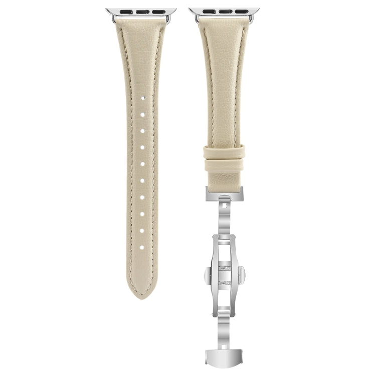 For Apple Watch Series 7 41mm Plain Leather Butterfly Buckle Watch Band(Beige+Silver)