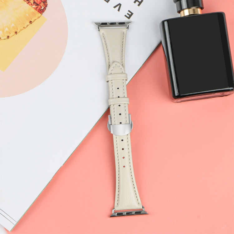For Apple Watch Series 7 41mm Plain Leather Butterfly Buckle Watch Band(Beige+Silver)