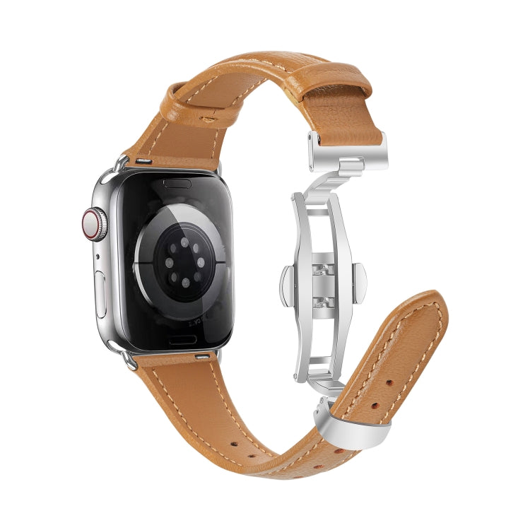 For Apple Watch Series 7 41mm Plain Leather Butterfly Buckle Watch Band(Brown+Silver)