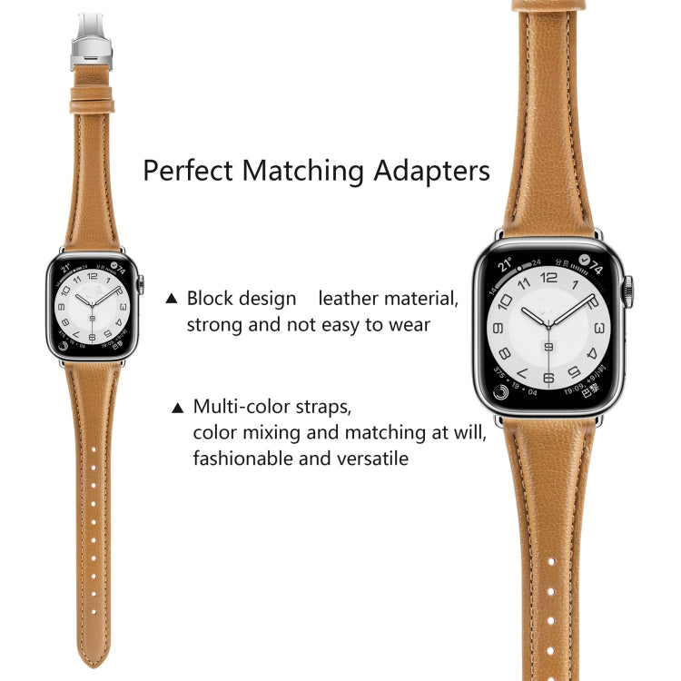 For Apple Watch Series 7 41mm Plain Leather Butterfly Buckle Watch Band(Brown+Silver)