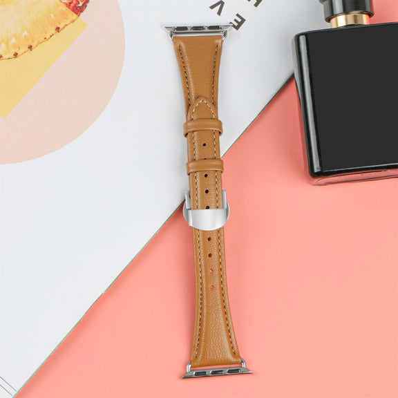 For Apple Watch Series 7 41mm Plain Leather Butterfly Buckle Watch Band(Brown+Silver)