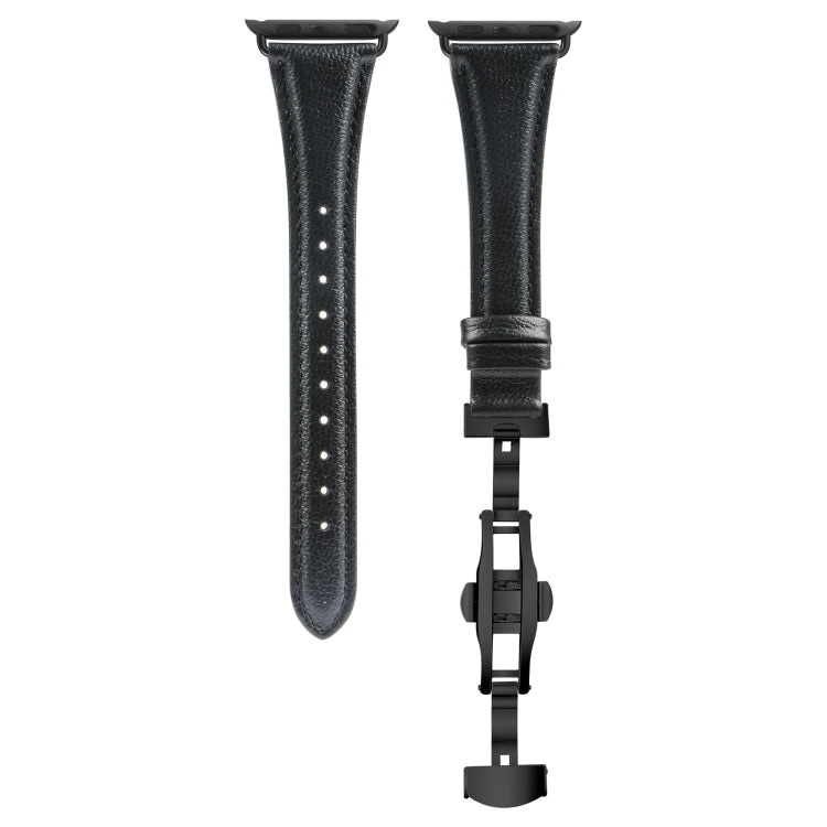For Apple Watch Series 7 41mm Plain Leather Butterfly Buckle Watch Band(Black+Black)