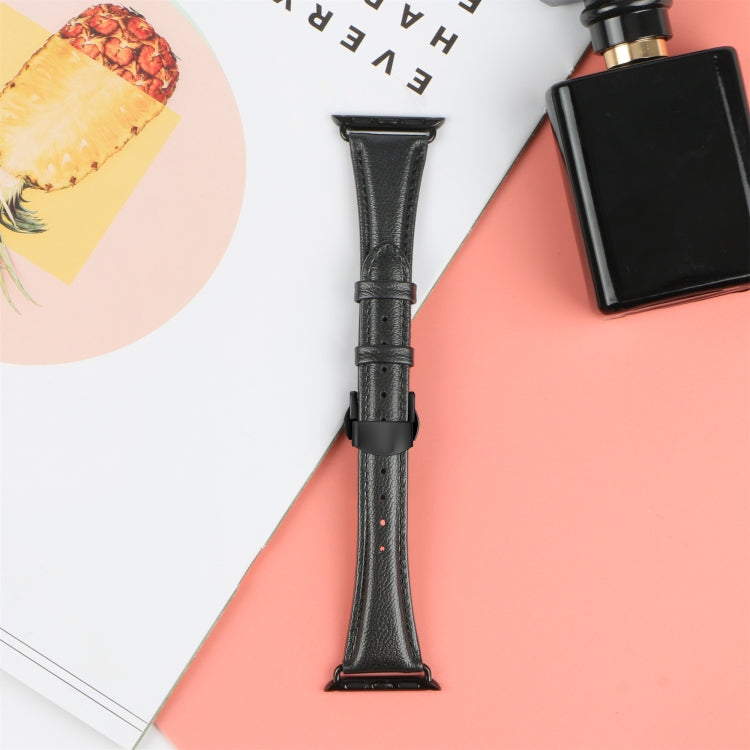 For Apple Watch Series 7 41mm Plain Leather Butterfly Buckle Watch Band(Black+Black)