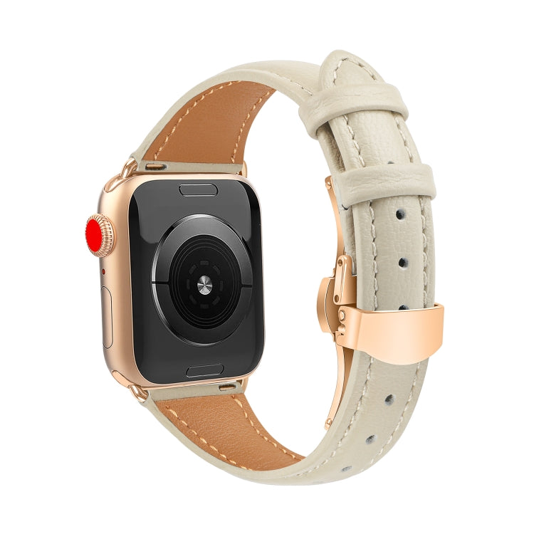 For Apple Watch Series 7 41mm Plain Leather Butterfly Buckle Watch Band(Beige+Rose Gold)