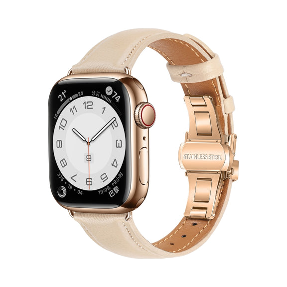 For Apple Watch Series 7 41mm Plain Leather Butterfly Buckle Watch Band(Apricot+Rose Gold)