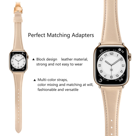For Apple Watch Series 7 45mm Plain Leather Butterfly Buckle Watch Band(Apricot+Rose Gold)