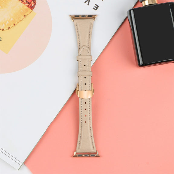 For Apple Watch Series 7 45mm Plain Leather Butterfly Buckle Watch Band(Apricot+Rose Gold)