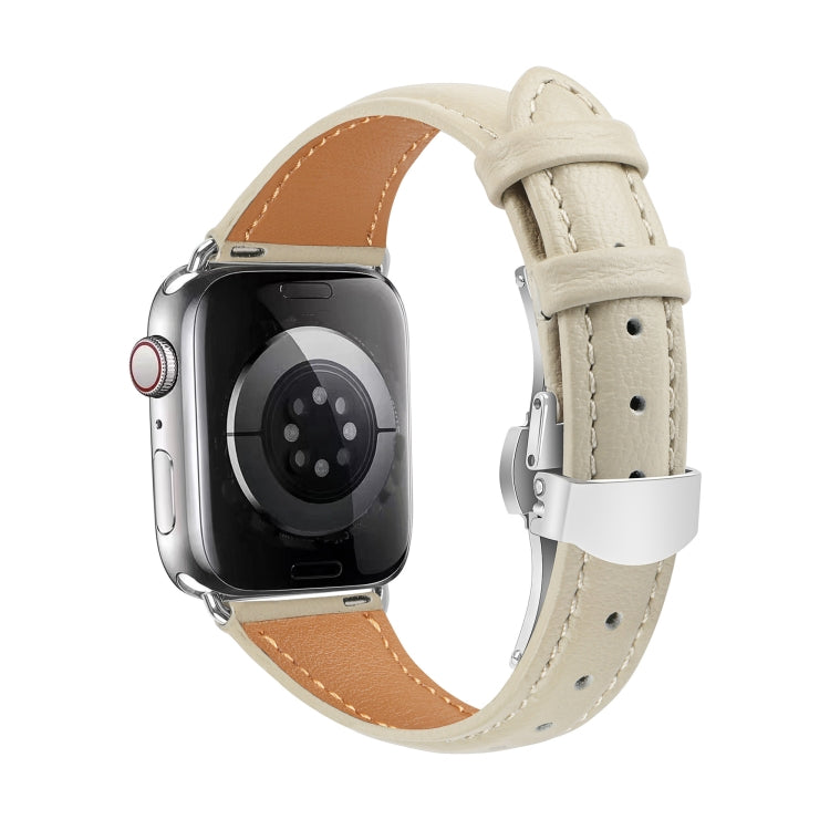 For Apple Watch Series 4 44mm Plain Leather Butterfly Buckle Watch Band(Beige+Silver)