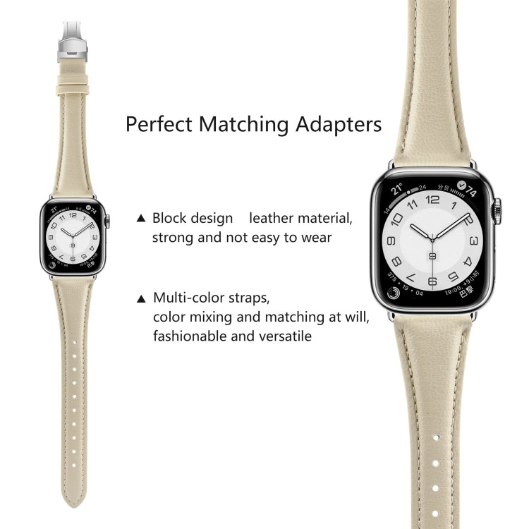 For Apple Watch Series 4 44mm Plain Leather Butterfly Buckle Watch Band(Beige+Silver)