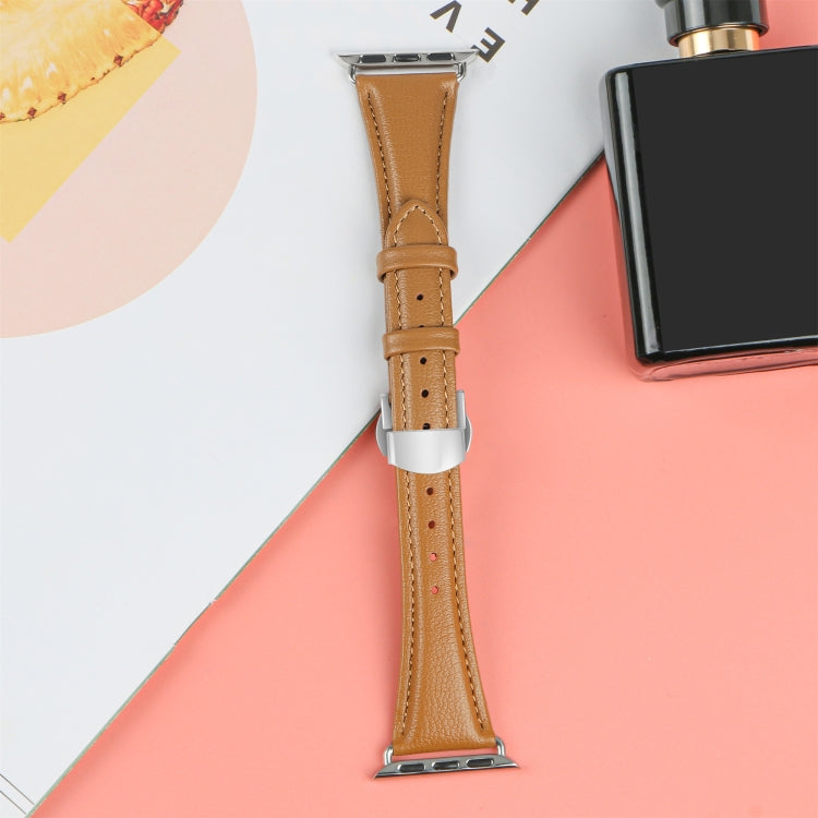 For Apple Watch Series 4 44mm Plain Leather Butterfly Buckle Watch Band(Brown+Silver)