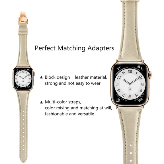 For Apple Watch Series 3 38mm Plain Leather Butterfly Buckle Watch Band(Beige+Rose Gold)