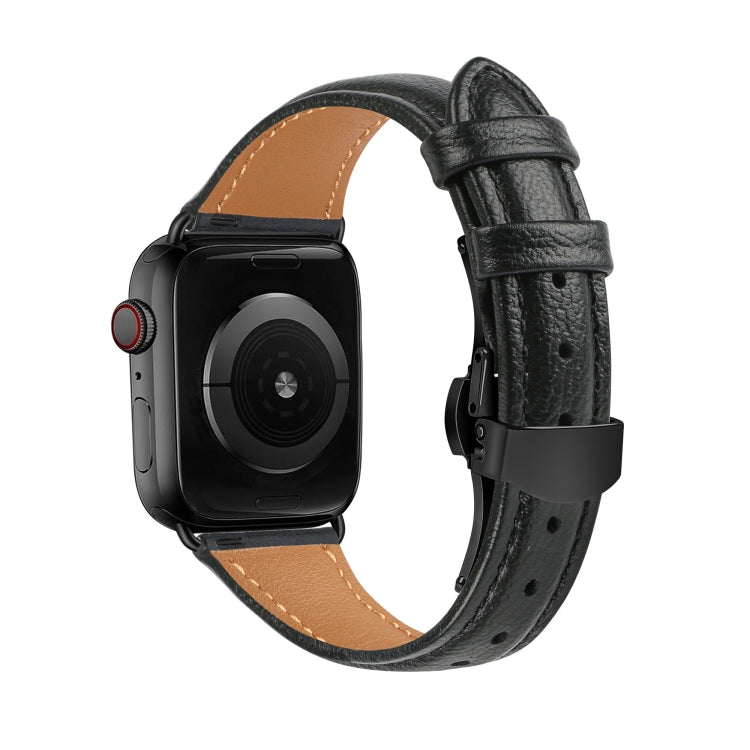 For Apple Watch Series 3 42mm Plain Leather Butterfly Buckle Watch Band(Black+Black)