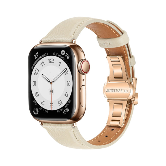 For Apple Watch Series 3 42mm Plain Leather Butterfly Buckle Watch Band(Beige+Rose Gold)