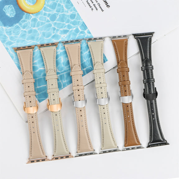 For Apple Watch Ultra 49mm Plain Leather Butterfly Buckle Watch Band(Brown+Rose Gold)