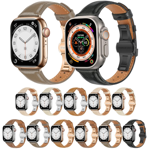 For Apple Watch Series 6 40mm Plain Leather Butterfly Buckle Watch Band(Beige+Silver)