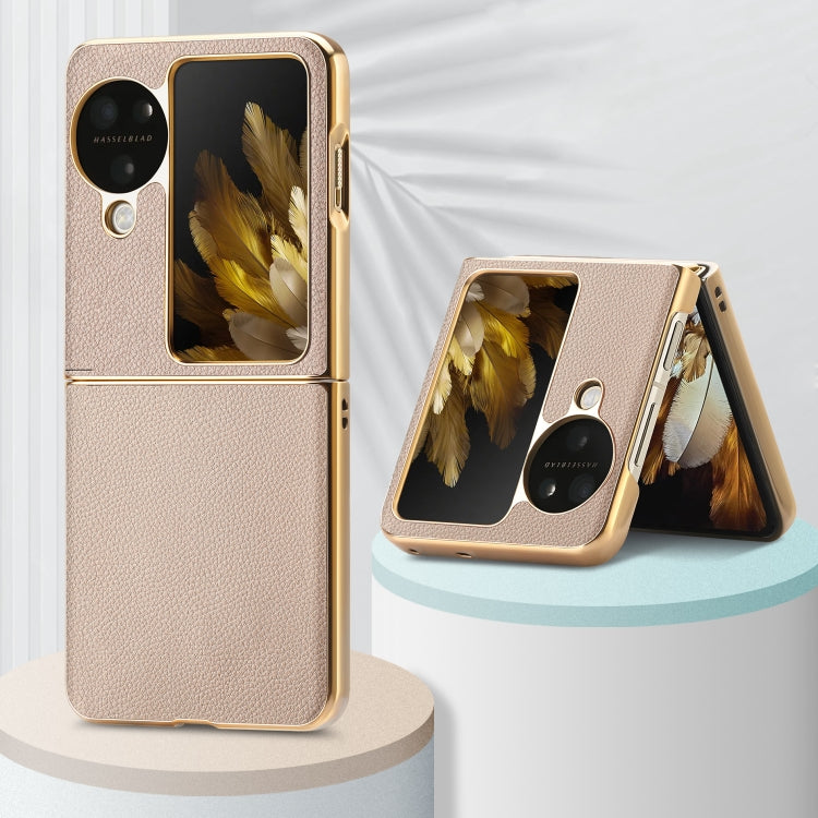 For OPPO Find N3 Flip Litchi Leather Electroplating Shockproof Phone Case(Khaki)