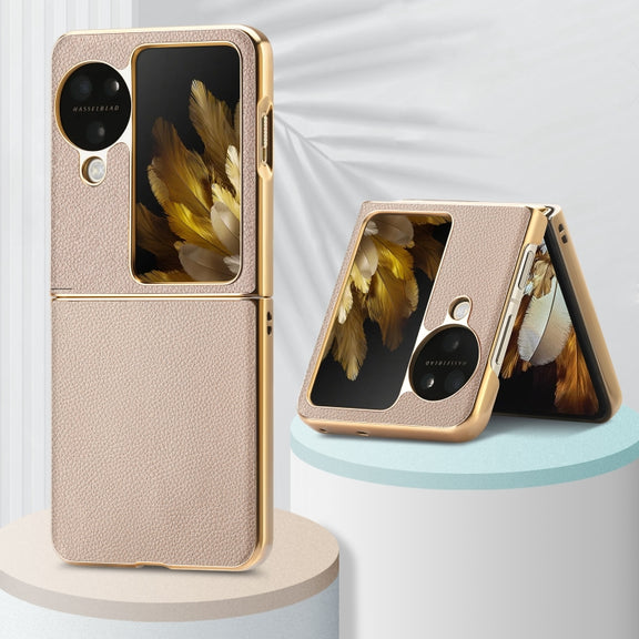 For OPPO Find N3 Flip Litchi Leather Electroplating Shockproof Phone Case(Khaki)