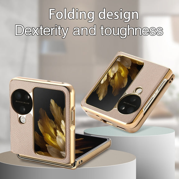 For OPPO Find N3 Flip Litchi Leather Electroplating Shockproof Phone Case(Khaki)