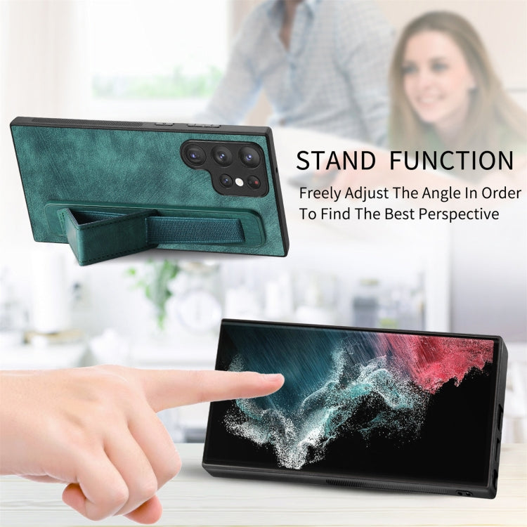 For Samsung Galaxy S22 Ultra 5G Retro Wristband Holder Leather Back Phone Case(Green)