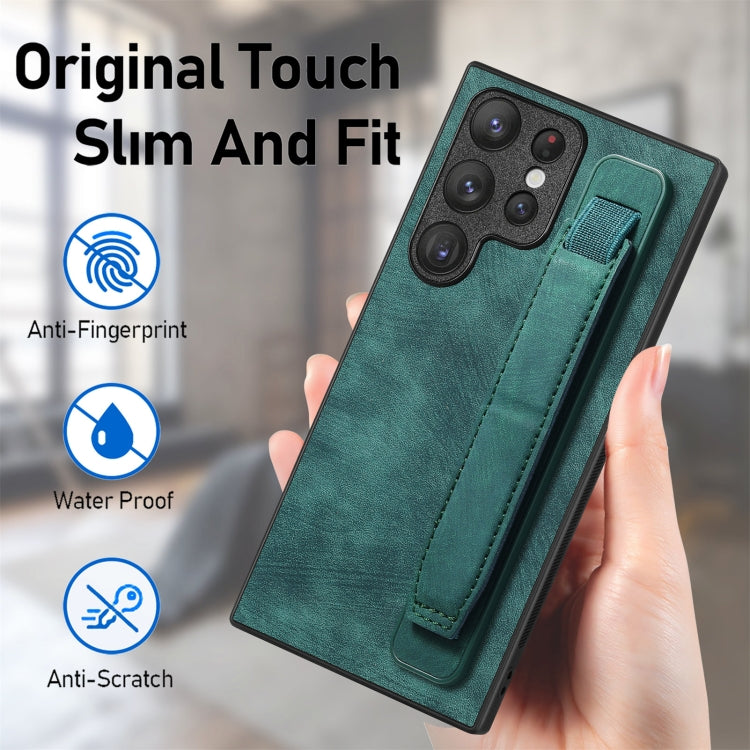 For Samsung Galaxy S22 Ultra 5G Retro Wristband Holder Leather Back Phone Case(Green)