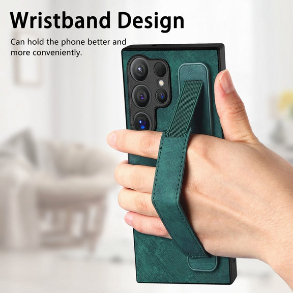 For Samsung Galaxy S24 Ultra 5G Retro Wristband Holder Leather Back Phone Case(Green)