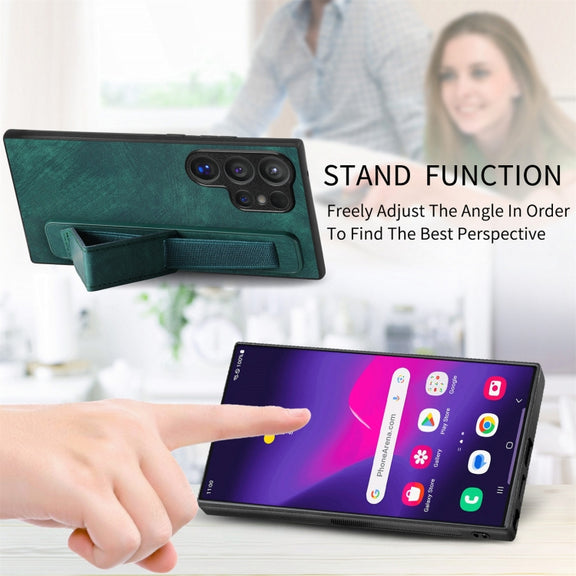 For Samsung Galaxy S24 Ultra 5G Retro Wristband Holder Leather Back Phone Case(Green)