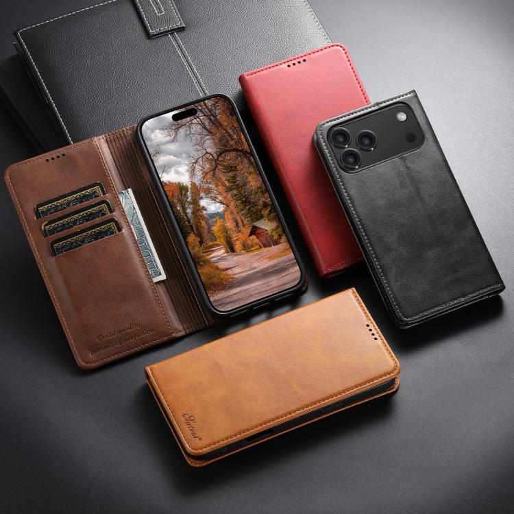 For iPhone 16 Suteni Calf Texture Horizontal Flip Leather Phone Case(Brown)