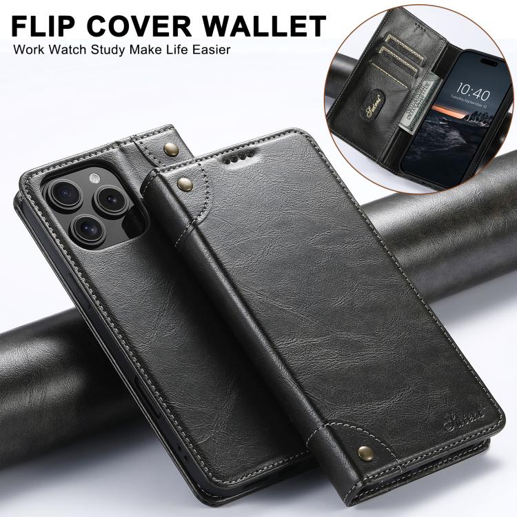 For iPhone 16e Suteni Baroque Calf Texture Buckle Wallet Leather Phone Case(Black)