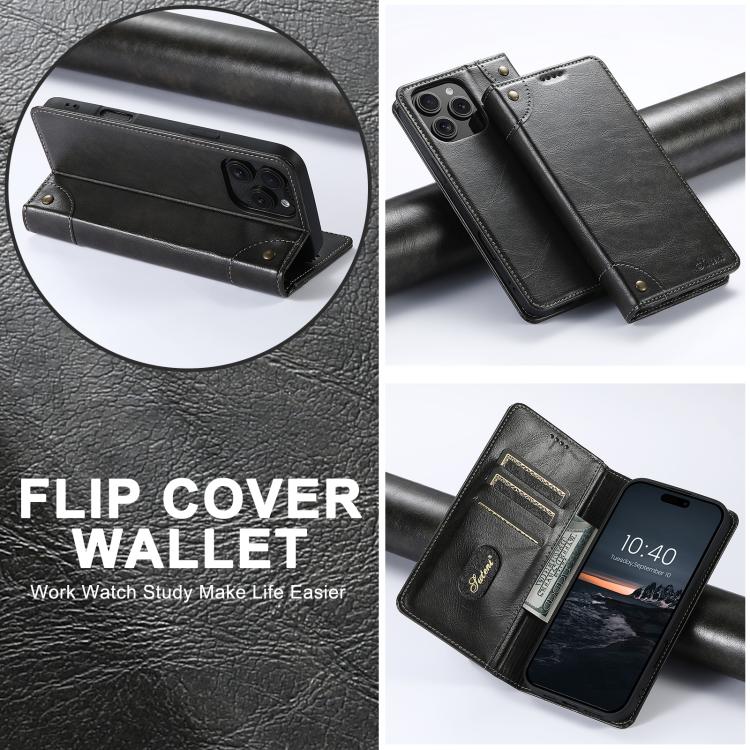 For iPhone 16e Suteni Baroque Calf Texture Buckle Wallet Leather Phone Case(Black)