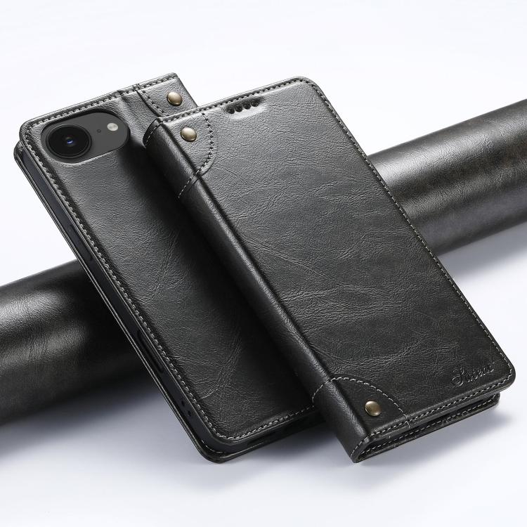 For iPhone 16e Suteni Baroque Calf Texture Buckle Wallet Leather Phone Case(Black)