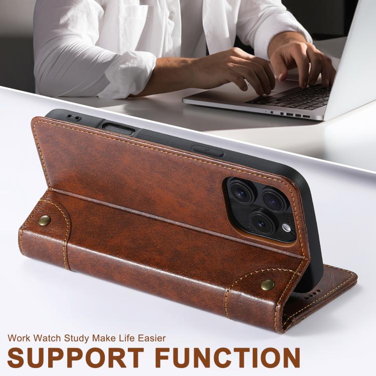 For iPhone 16e Suteni Baroque Calf Texture Buckle Wallet Leather Phone Case(Khaki)