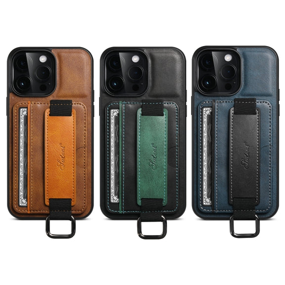 For iPhone 15 Pro Max Suteni H13 Card Wallet Wrist Strap Holder PU Phone Case(Black)