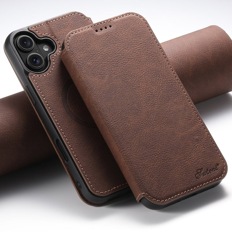 For iPhone 16 Plus Suteni J06 Retro Matte Litchi Texture Leather MagSafe Phone Case(Brown)